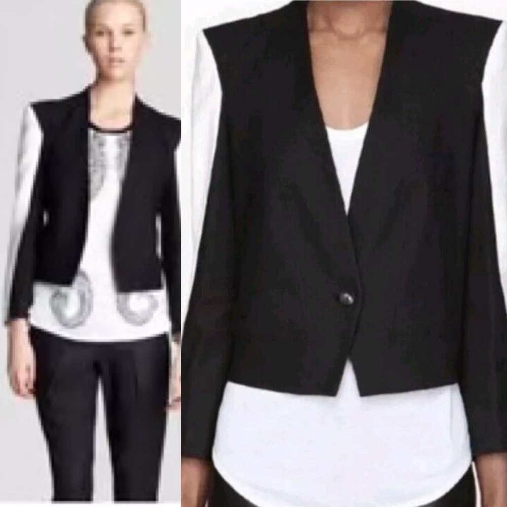 Helmut Lang Black & White Semi Cropped Structured Blazer Linen Blend 4‎ Designer